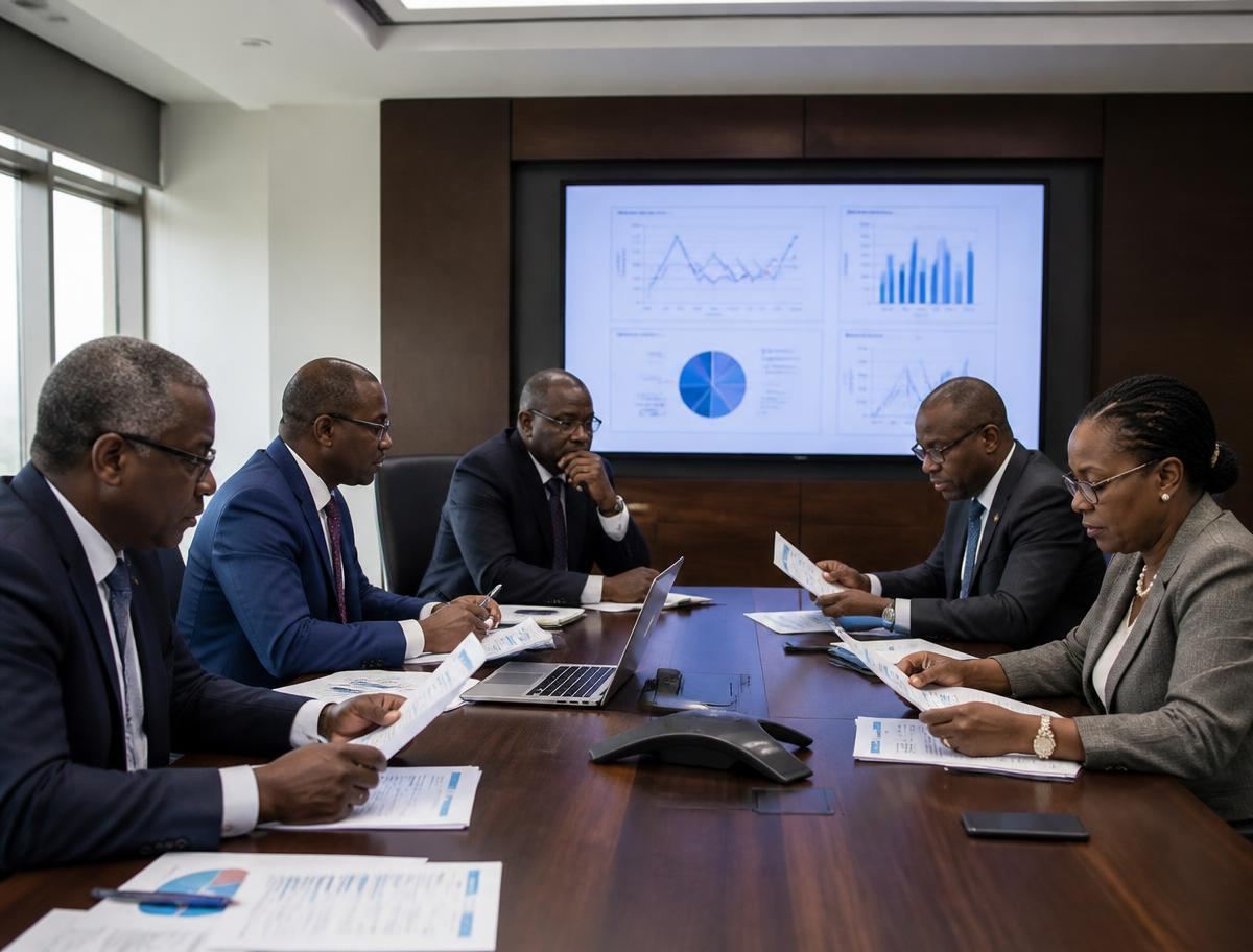 Senior Nigerian health leaders reviewing healthcare quality reports and national transformation priorities around a meeting table.