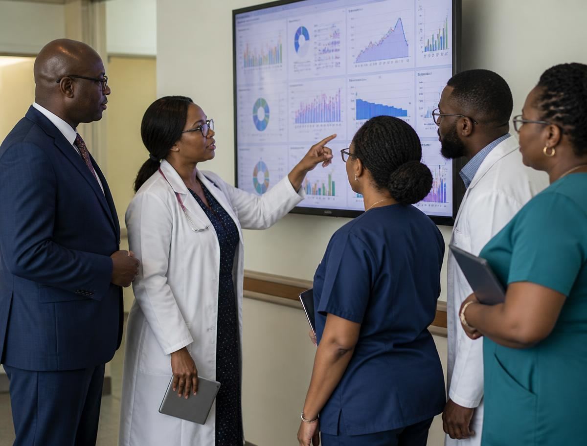 A Nigerian hospital chief executive, physician, nurse leader, pharmacist and quality officer reviewing institutional patient safety performance together.